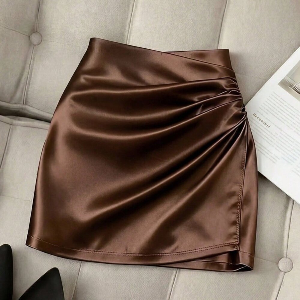 Brown Casual Women's Asymmetrical High-Waisted Slimming Bodycon Satin Skirt